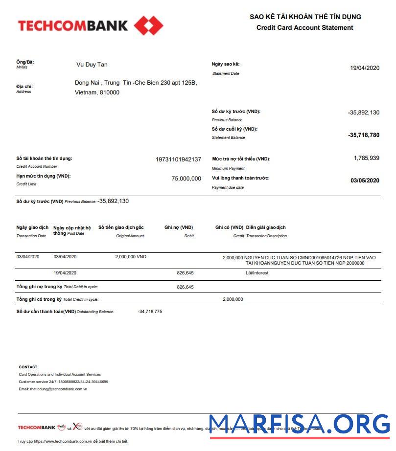 Printable Vietnam Techcombank bank statement word download for verification